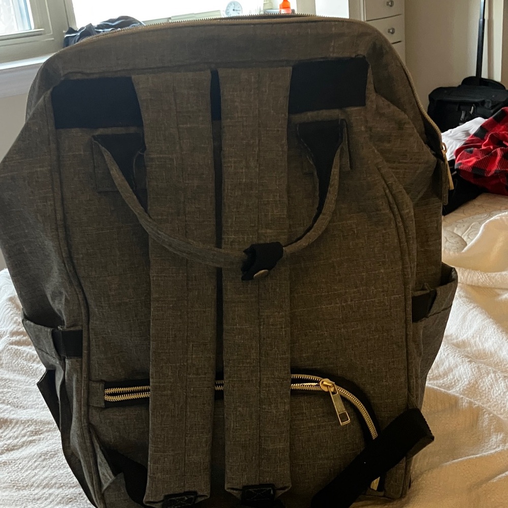 Large gray AFBP diaper bag, fits everything. Insulated, lots of compartments